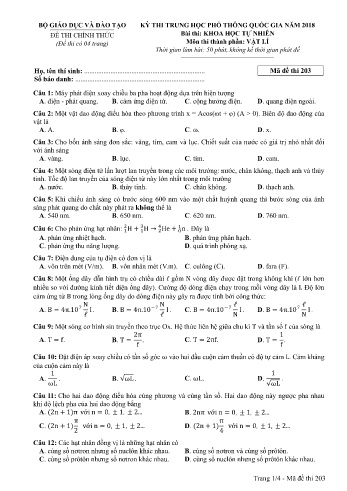 Đề thi THPT quốc gia năm 2018 môn Vật lí - Mã đề 203 (Kèm đáp án)