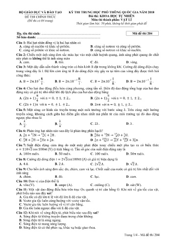 Đề thi THPT quốc gia năm 2018 môn Vật lí - Mã đề 204 (Kèm đáp án)
