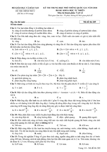 Đề thi THPT quốc gia năm 2018 môn Vật lí - Mã đề 205 (Kèm đáp án)