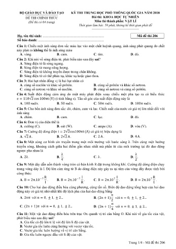 Đề thi THPT quốc gia năm 2018 môn Vật lí - Mã đề 206 (Kèm đáp án)