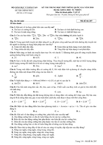 Đề thi THPT quốc gia năm 2018 môn Vật lí - Mã đề 207 (Kèm đáp án)