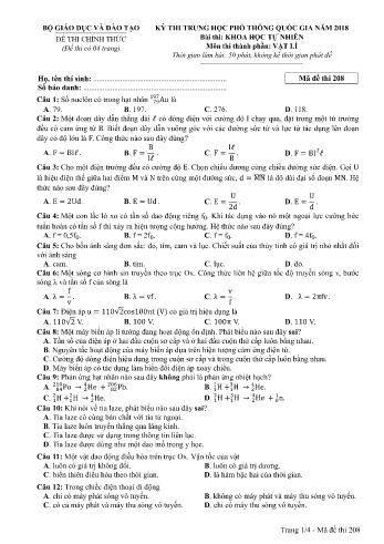 Đề thi THPT quốc gia năm 2018 môn Vật lí - Mã đề 208 (Kèm đáp án)