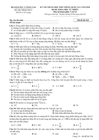 Đề thi THPT quốc gia năm 2018 môn Vật lí - Mã đề 210 (Kèm đáp án)