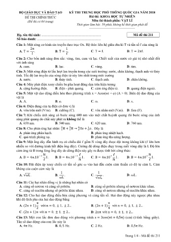 Đề thi THPT quốc gia năm 2018 môn Vật lí - Mã đề 211 (Kèm đáp án)