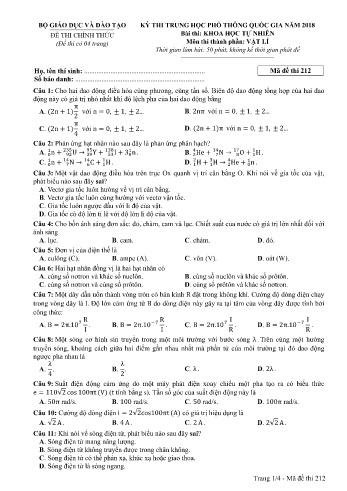 Đề thi THPT quốc gia năm 2018 môn Vật lí - Mã đề 212 (Kèm đáp án)