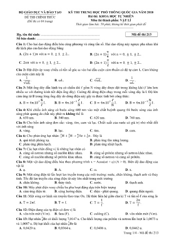 Đề thi THPT quốc gia năm 2018 môn Vật lí - Mã đề 213 (Kèm đáp án)