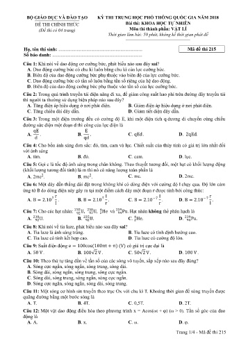 Đề thi THPT quốc gia năm 2018 môn Vật lí - Mã đề 215 (Kèm đáp án)