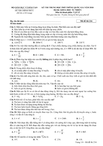 Đề thi THPT quốc gia năm 2018 môn Vật lí - Mã đề 216 (Kèm đáp án)