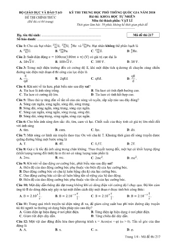 Đề thi THPT quốc gia năm 2018 môn Vật lí - Mã đề 217 (Kèm đáp án)