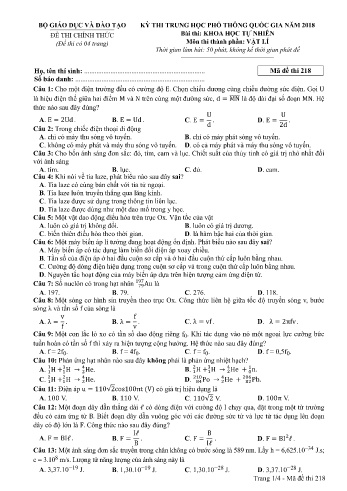 Đề thi THPT quốc gia năm 2018 môn Vật lí - Mã đề 218 (Kèm đáp án)
