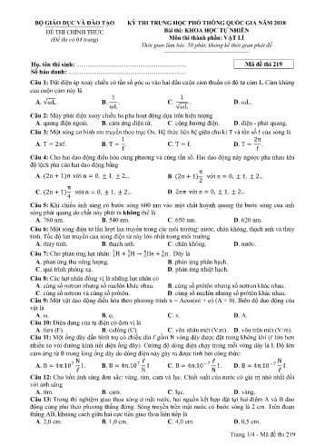 Đề thi THPT quốc gia năm 2018 môn Vật lí - Mã đề 219 (Kèm đáp án)