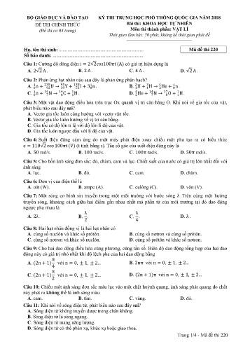 Đề thi THPT quốc gia năm 2018 môn Vật lí - Mã đề 220 (Kèm đáp án)