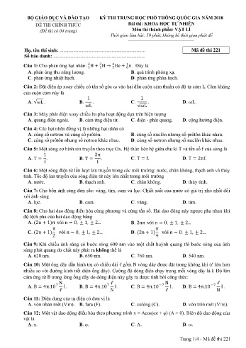 Đề thi THPT quốc gia năm 2018 môn Vật lí - Mã đề 221 (Kèm đáp án)