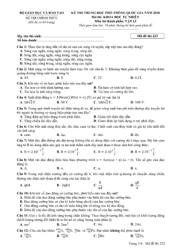 Đề thi THPT quốc gia năm 2018 môn Vật lí - Mã đề 223 (Kèm đáp án)