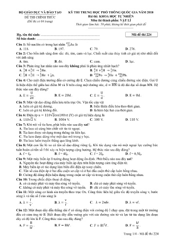 Đề thi THPT quốc gia năm 2018 môn Vật lí - Mã đề 224 (Kèm đáp án)