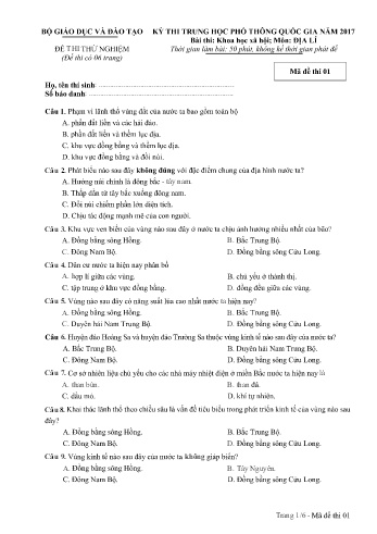 Đề thi thử nghiệm môn Địa lí - Kỳ thi THPT quốc gia năm 2017 (Mã đề 01)