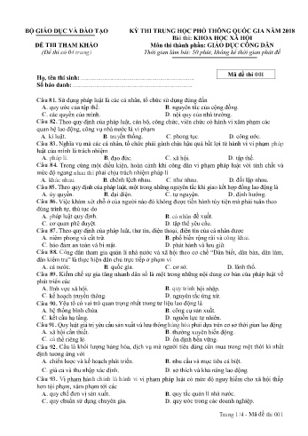 Đề thi thử nghiệm môn Giáo dục công dân - Kỳ thi THPT quốc gia năm 2018 (Mã đề 001)