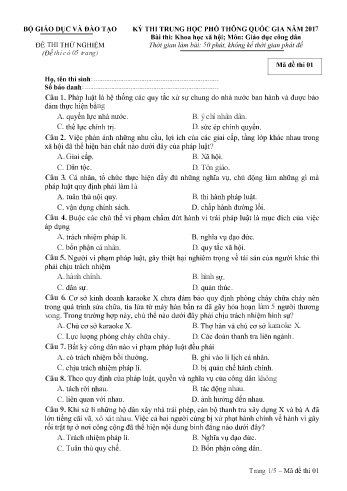 Đề thi thử nghiệm môn Giáo dục công dân - Kỳ thi THPT quốc gia năm 2017 (Mã đề 01)