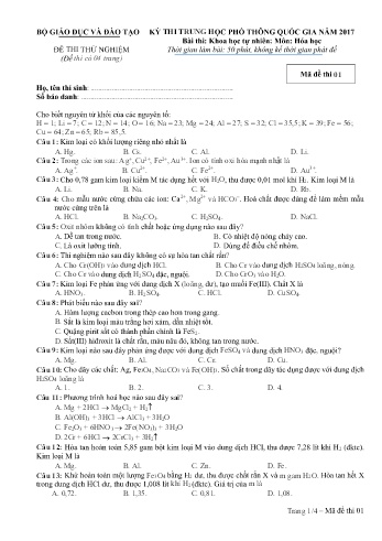 Đề thi thử nghiệm môn Hóa học - Kỳ thi THPT quốc gia năm 2017 (Mã đề 01)
