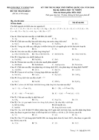 Đề thi thử nghiệm môn Hóa học - Kỳ thi THPT quốc gia năm 2018 (Mã đề 001)