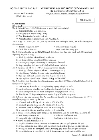 Đề thi thử nghiệm môn Lịch sử - Kỳ thi THPT quốc gia năm 2017 (Mã đề 01)