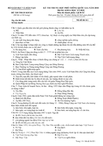 Đề thi thử nghiệm môn Lịch sử - Kỳ thi THPT quốc gia năm 2018 (Mã đề 001)