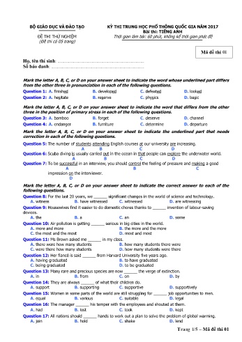 Đề thi thử nghiệm môn Tiếng Anh - Kỳ thi THPT quốc gia năm 2017 (Mã đề 01)