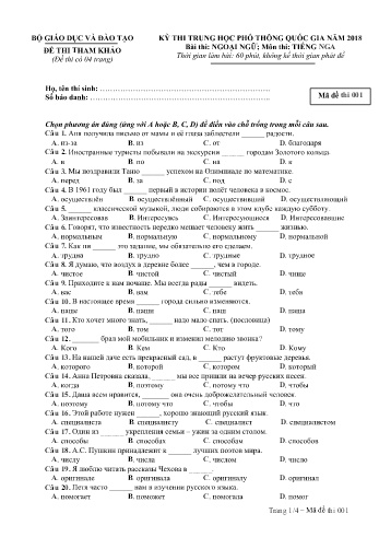 Đề thi thử nghiệm môn Tiếng Nga - Kỳ thi THPT quốc gia năm 2018 (Mã đề 001)