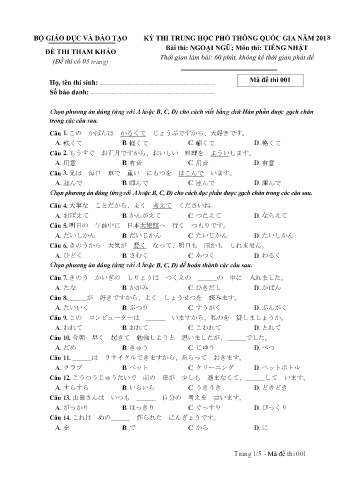 Đề thi thử nghiệm môn Tiếng Nhật - Kỳ thi THPT quốc gia năm 2018 (Mã đề 001)