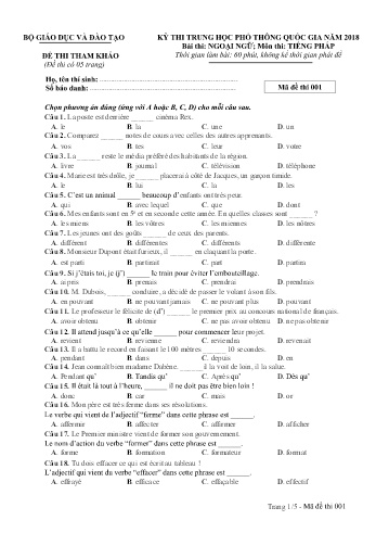 Đề thi thử nghiệm môn Tiếng Pháp - Kỳ thi THPT quốc gia năm 2018 (Mã đề 001)