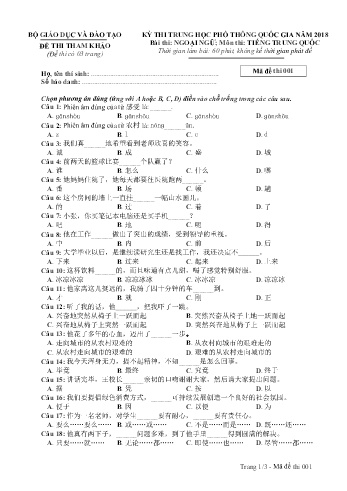 Đề thi thử nghiệm môn Tiếng Trung quốc - Kỳ thi THPT quốc gia năm 2018 (Mã đề 001)