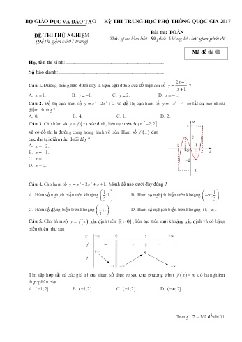 Đề thi thử nghiệm môn Toán - Kỳ thi THPT quốc gia năm 2017 (Mã đề 01)