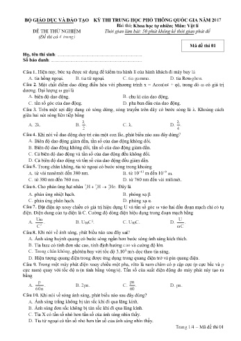 Đề thi thử nghiệm môn Vật lí - Kỳ thi THPT quốc gia năm 2017 (Mã đề 01)