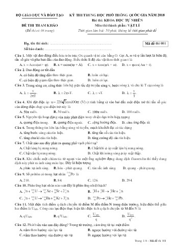 Đề thi thử nghiệm môn Vật lí - Kỳ thi THPT quốc gia năm 2018 (Mã đề 001)
