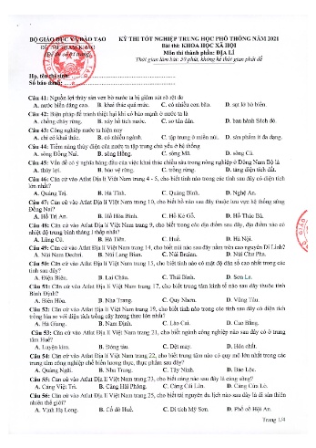Đề thi tốt nghiệp Trung học phổ thông năm 2021 môn Địa lí