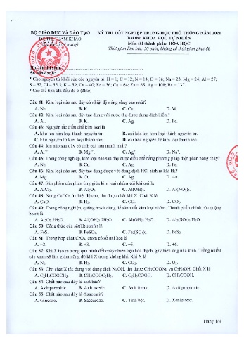 Đề thi tốt nghiệp Trung học phổ thông năm 2021 môn Hóa học