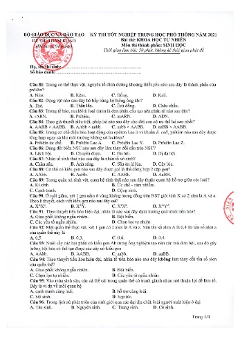 Đề thi tốt nghiệp Trung học phổ thông năm 2021 môn Sinh học