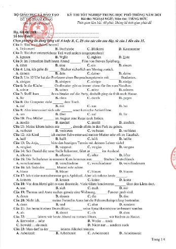Đề thi tốt nghiệp Trung học phổ thông năm 2021 môn Tiếng Đức