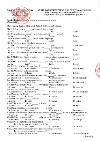 Đề thi tốt nghiệp Trung học phổ thông năm 2021 môn Tiếng Pháp