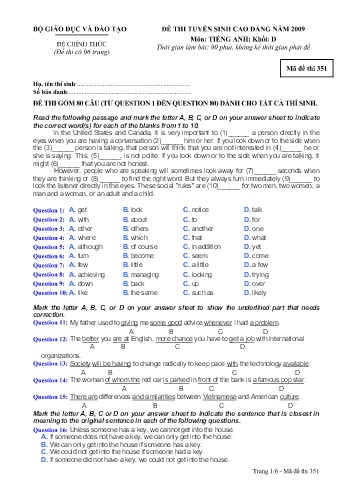 Đề thi tuyển sinh cao đẳng năm 2009 môn Tiếng Anh Khối D - Mã đề 351 (Kèm đáp án)