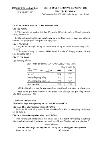 Đề thi tuyển sinh cao đẳng năm 2010 môn Địa lí Khối C (Kèm đáp án)