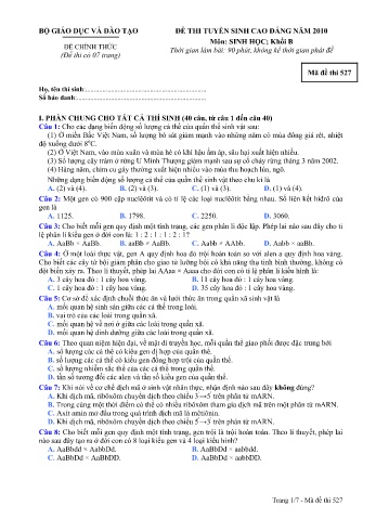 Đề thi tuyển sinh cao đẳng năm 2010 môn Sinh học Khối B - Mã đề 527 (Kèm đáp án)