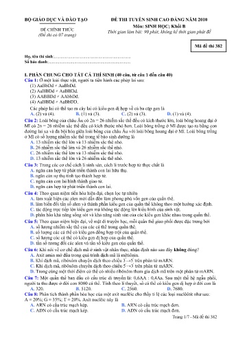 Đề thi tuyển sinh cao đẳng năm 2010 môn Sinh học Khối B - Mã đề 382 (Kèm đáp án)