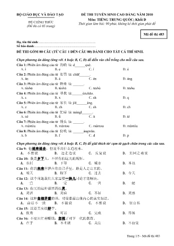 Đề thi tuyển sinh cao đẳng năm 2010 môn Tiếng Trung quốc Khối D - Mã đề 483 (Kèm đáp án)