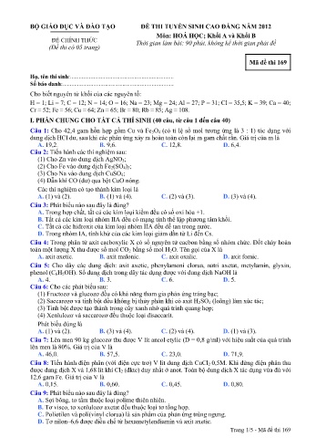 Đề thi tuyển sinh cao đẳng năm 2012 Hóa học Khối A+B - Mã đề 169 (Kèm đáp án)