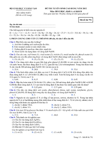 Đề thi tuyển sinh cao đẳng năm 2012 Hóa học Khối A+B - Mã đề 791 (Kèm đáp án)
