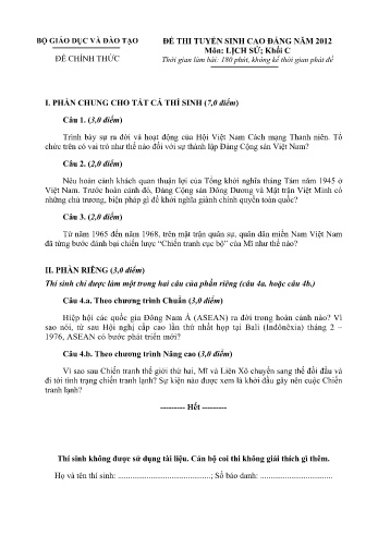 Đề thi tuyển sinh cao đẳng năm 2012 môn Lịch sử Khối C (Kèm đáp án)