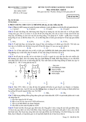 Đề thi tuyển sinh cao đẳng năm 2012 môn Sinh học Khối B - Mã đề 596 (Kèm đáp án)