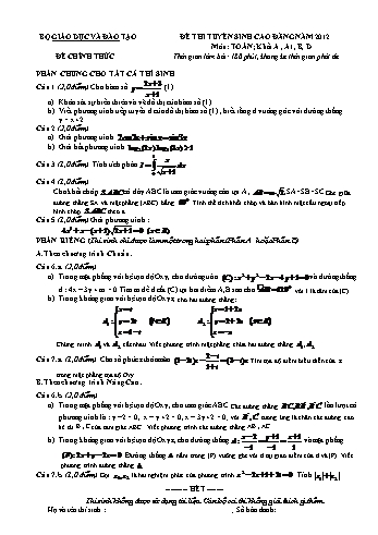 Đề thi tuyển sinh cao đẳng năm 2012 môn Toán Khối A, A1, B, D (Kèm đáp án)