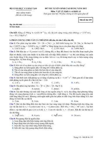 Đề thi tuyển sinh cao đẳng năm 2012 môn Vật lí Khối A+A1 - Mã đề 159 (Kèm đáp án)